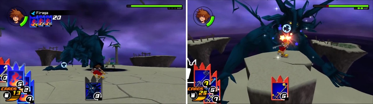 Darkside uses his familiar Shadow Summon attack (left). The Gimmick Card gives Sora a clear shot to attack Darkside’s head (right).