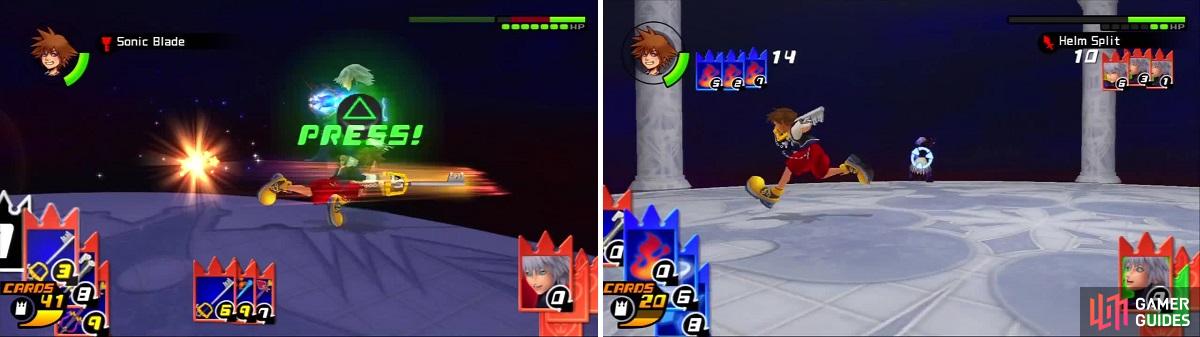 Riku has no answer for Sonic Blade (left). Sora waits to cardbreak Riku’s Helm Split (right).