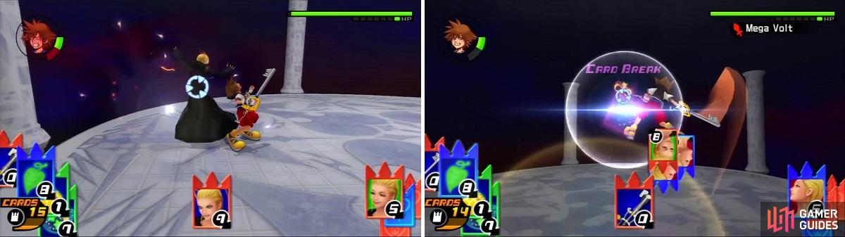 Larxene is able to land some hits on Sora after taking a beating from Sonic Blade (left). Sora gets lucky with a cardbreak against Mega Volt.