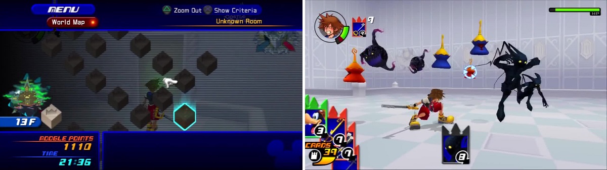 The floor layout shows plenty of rooms to level up and collect cards (left). Sora fights off Red Nocturnes, Blue Rhapsodies, Darkballs, and Neoshadows (right).