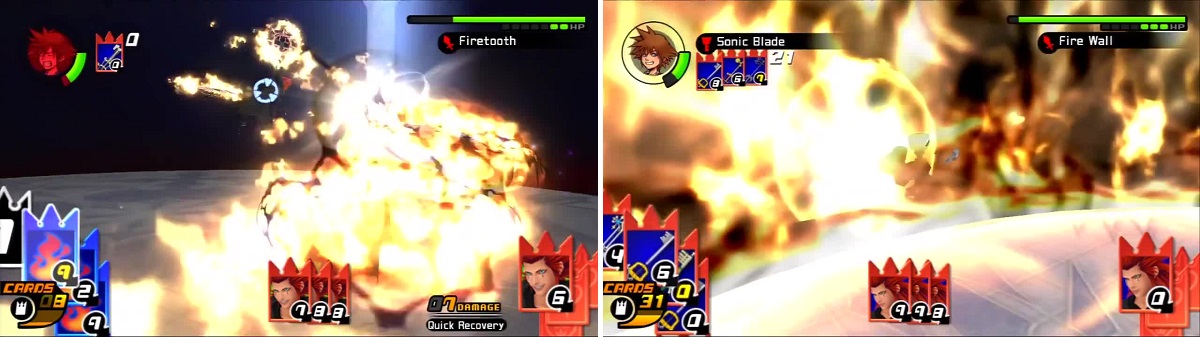 Axel unleashes his Firetooth attack that brings firey pain to Sora (left). Sora desperately dodge rolls away from Axel’s Firewall (right).