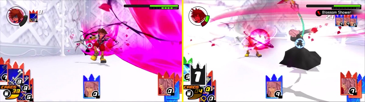 Sora attempts to evade vortices of blossoms (left), but fails to escape Marluxia’s Blossom Shower (right).