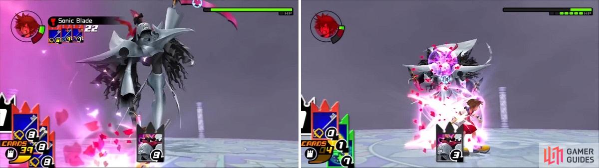 Marluxia brings the pain with one-two from his deadly scythes (left). Sora takes a hit from the laser firing blossoms (right)