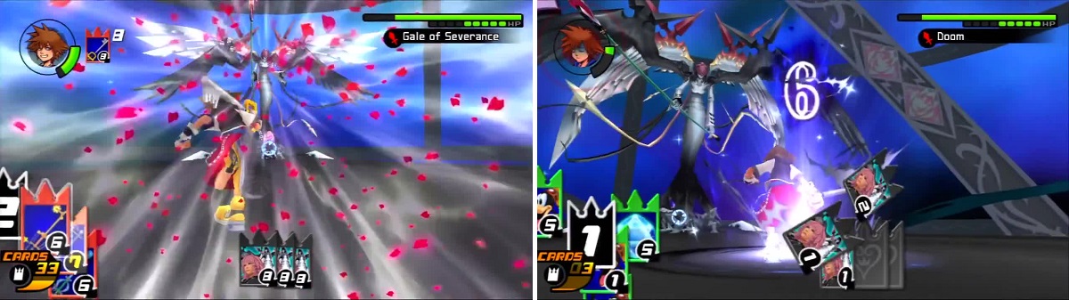 Sora walks against the force of wind from Gale of Severance (left). Marluxia traps Sora using Doom (right) as Sora desperately tries to break all six cards to escape.