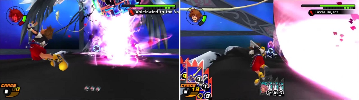 Sora is hit with Whirlwind to the Void and all his cards are scattered (left). Circle Reject barrels down on Sora as he races to attack Marluxia (right).