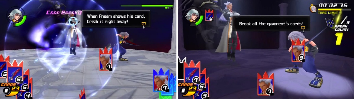 Cardbreak Ansem’s cards until you get a Rapid Break (left). Break Ansem’s cards to win this duel (right).