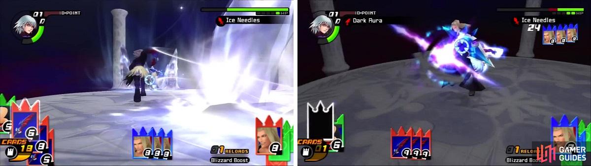 Vexen unleashes Ice Needles (left) after being pummeled with Riku’s Dark Aura (right).