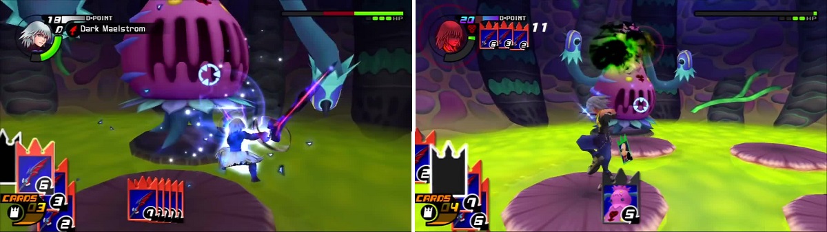 Win a duel and Riku uses Dark Maelstrom to deal a good bit of damage (left). Parasite Cage shoots a poison ball (right).