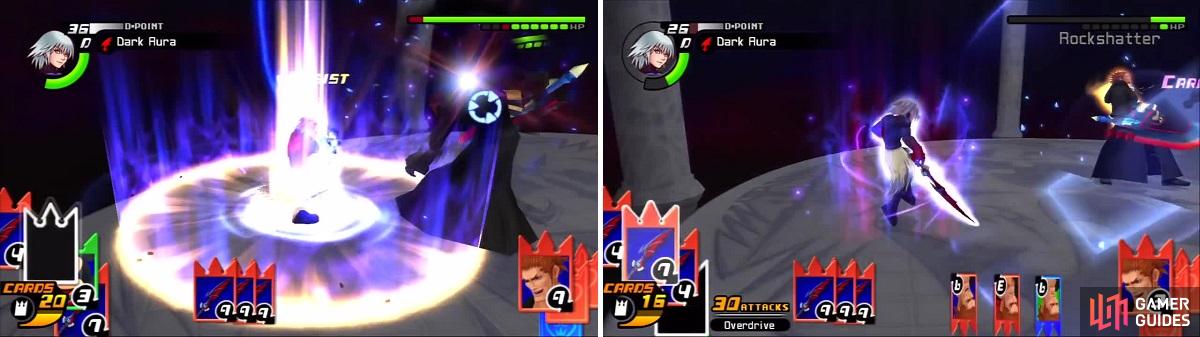 Lexaeus takes damage from Dark Aura (left). Riku is able to break Lexaeus’ Rockshatter with Dark Aura (right).