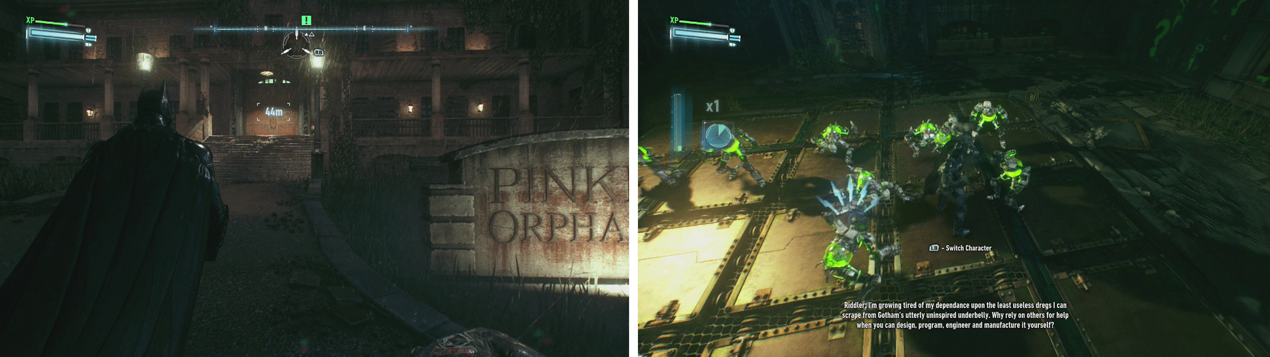 Make your way to Pinkney Orphanage (left). Inside you’ll need to fight off a group of Riddler Robots (right)