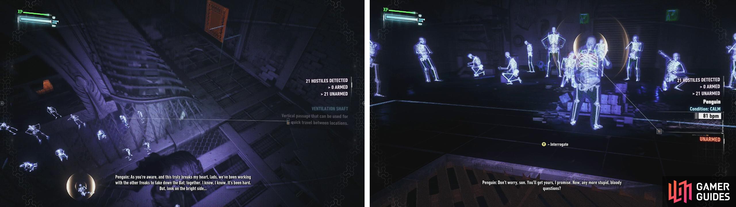 Once inside the building, look for the grating on the right (left). From sneak up on the target and interrogate him (right).