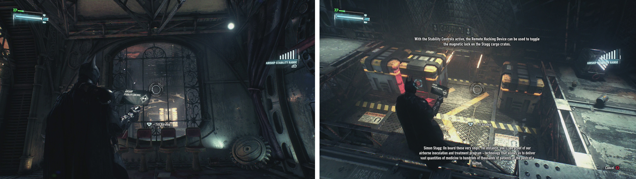 Use the stability controls to shunt the crate out the window (left). Climb down and manipulate the crates to get through (right).