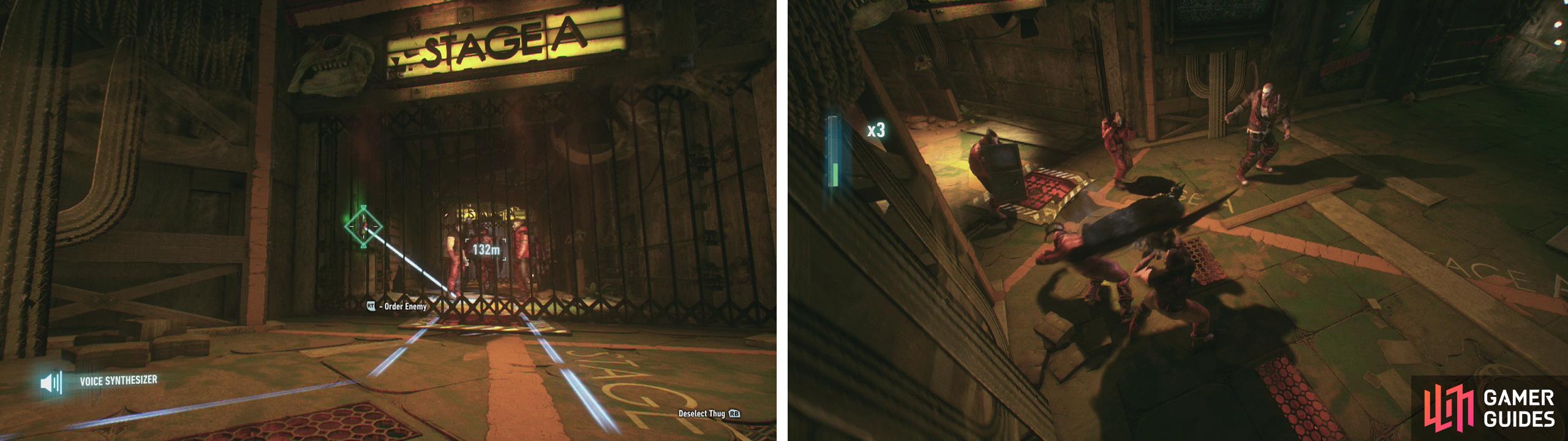 From the vent use the Voice Synthesizer to have a guard open the gate (left) and eliminate the enemies within (right).