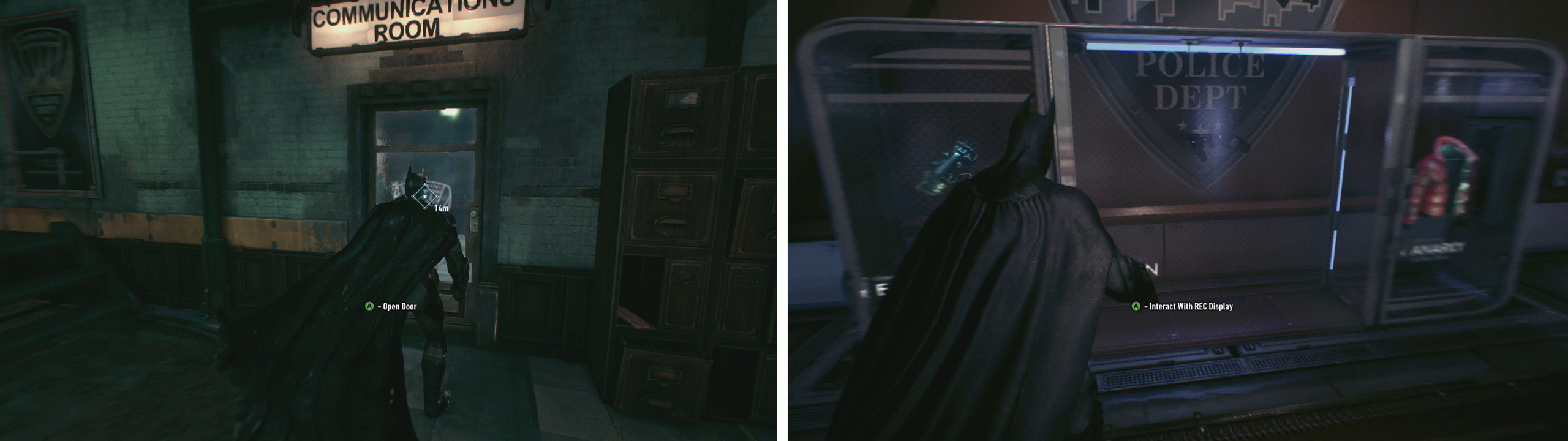 In the GCPD precinct go to the ‘Communications Room’ (left). Head to the ‘Evidence Room’ and grab the Remote Electrical Charge gadget (right).