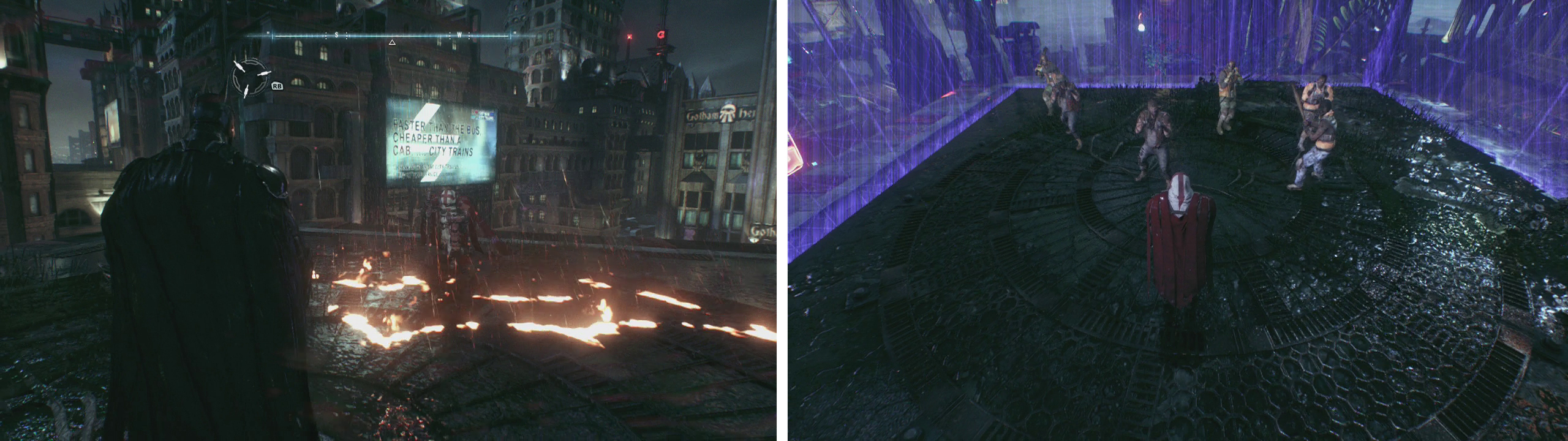 You’ll find Azrael by burning bat symbols (left) and you’ll have to complete combat challenges (right)
