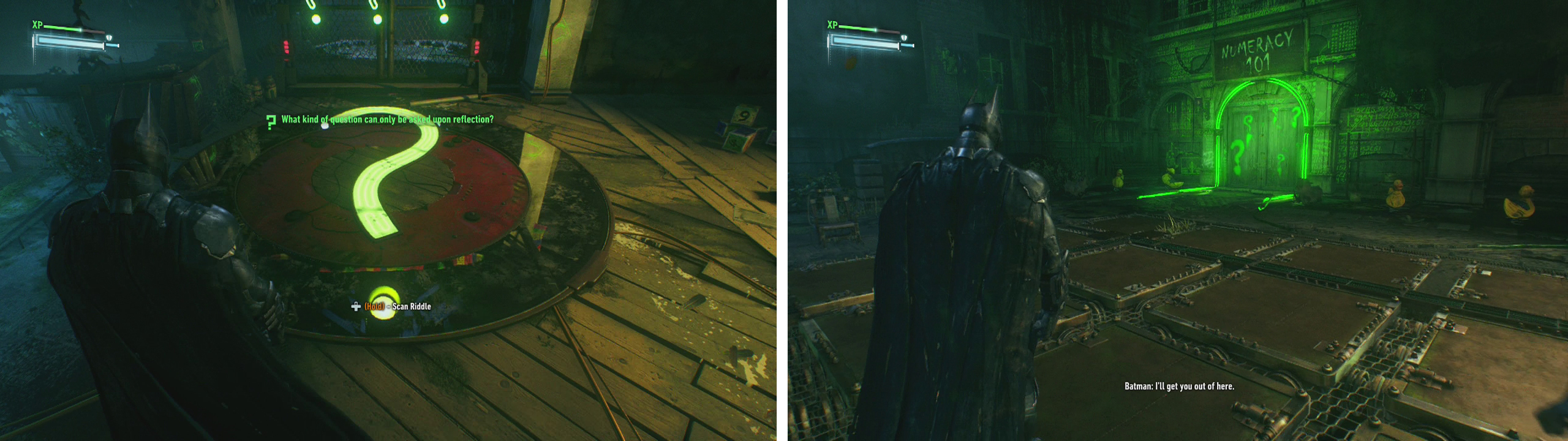Use the question marks to align the floor (left). Continue through the lit up door to start the next challenge (right).