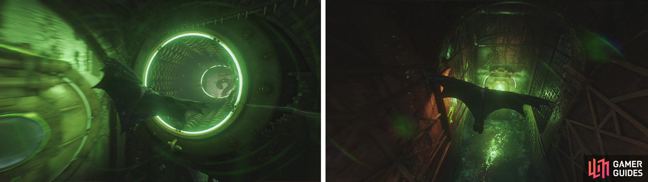 Fly through the circular tunnel on the wall near the second switch (left). On the other side you’ll find the final pressure plate (right).