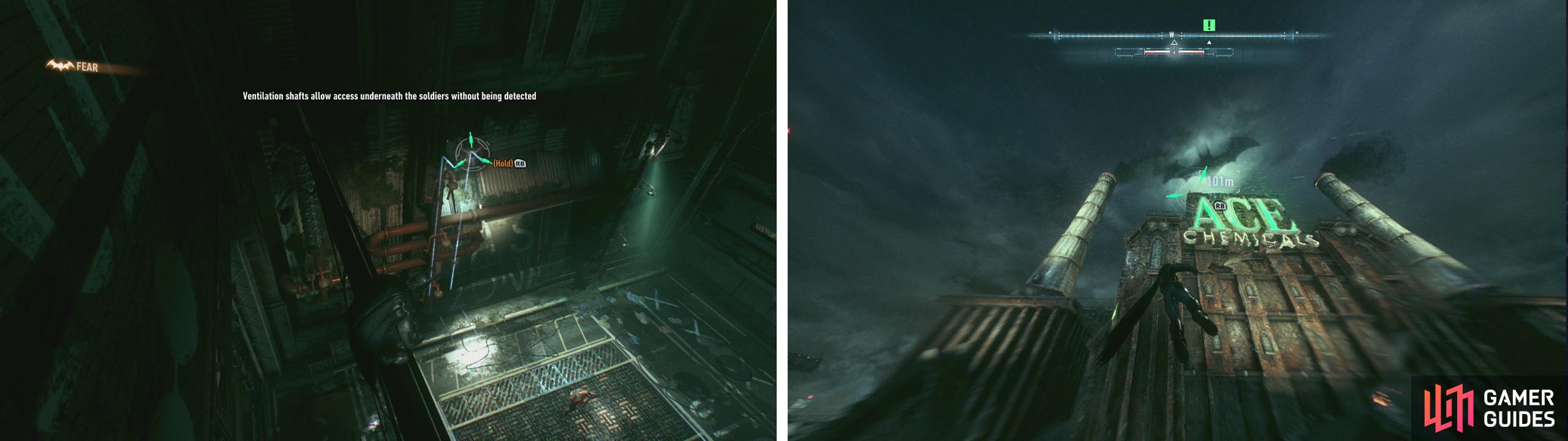 The Batclaw can be used to enter vents (left) or to climb to rooftops quickly (right).