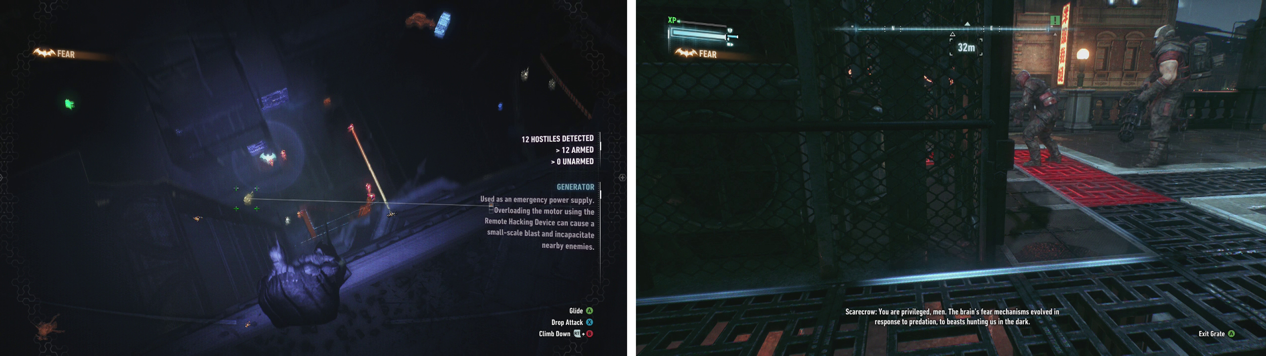 Use vantage points and Detective Mode to scope out each area (left). The underground vent tunnels are a good way to get around areas undetected (right).