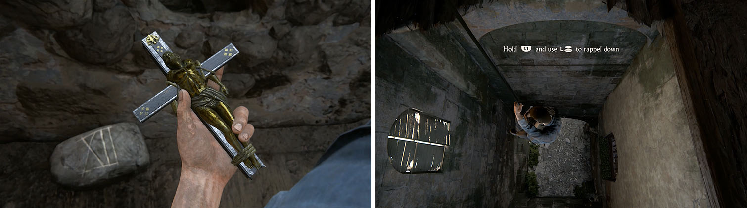 Examine the cross before leaving the tower by rappelling down the shaft.