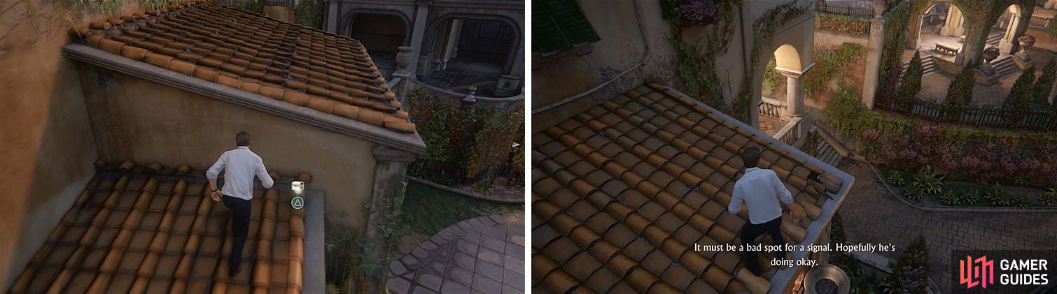 Before boosting Sam, drop into the courtyard below to reach a treasure (left). After boosting Sam, climb the building on the left to reach another treasure (right).