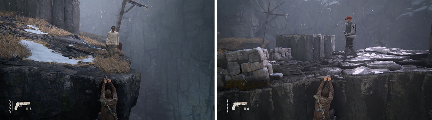 Stealth kill the first two enemies by hanging from ledges nearby.