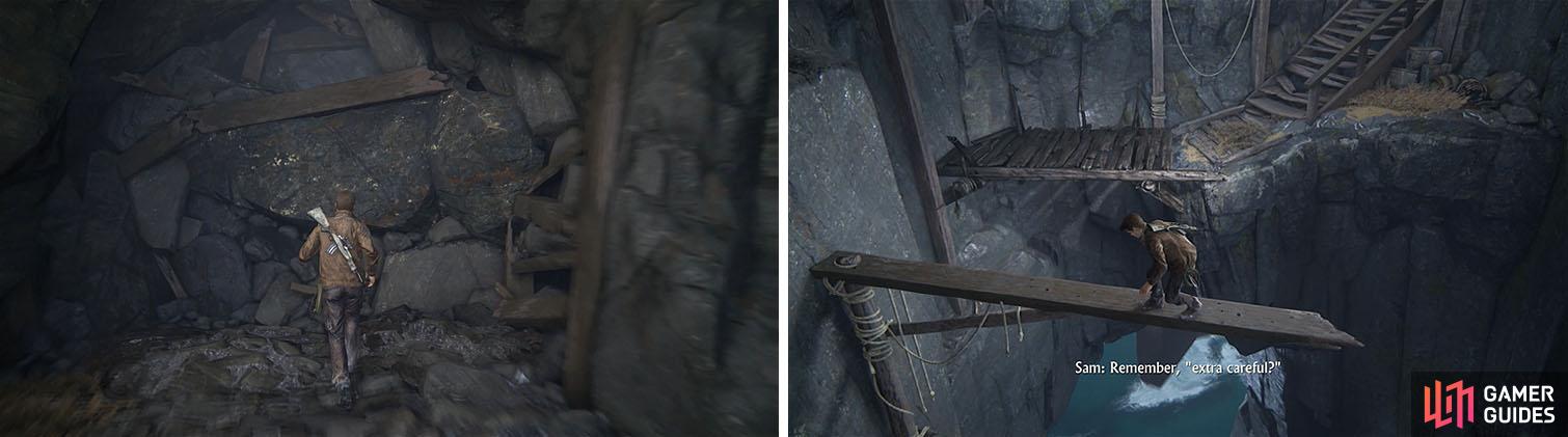 Find the tunnel at the back of the encounter area (left) and make your way to the wooden beams that leads to a set of stairs (right).