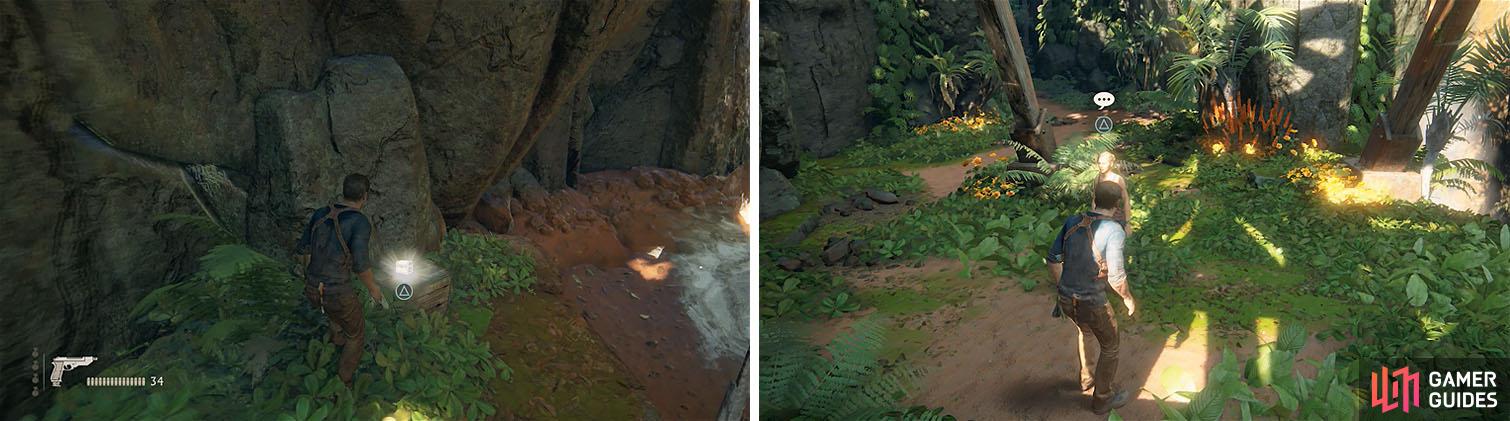 Drop down to the other side of the bridge for a treasure (left) and don’t miss the optional conversations with Elena near the elevator (right).