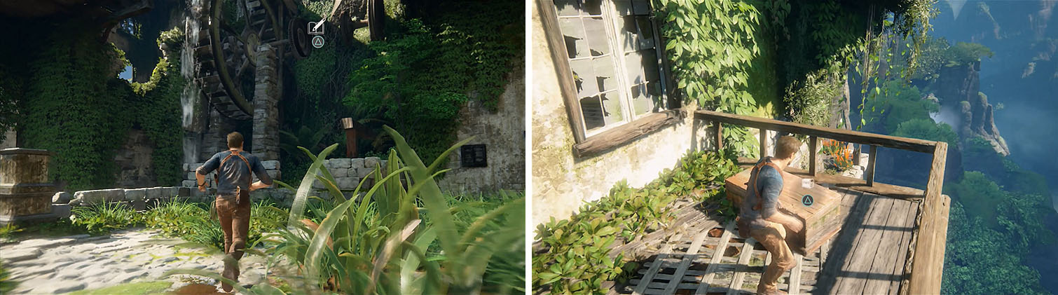 Look up at the water wheel for a journal entry (left) before using the winch. In the building, make sure to grab the treasure (right).