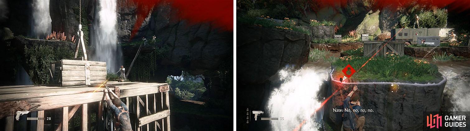 Eliminate the initial enemies by hanging from the side of the elevator (left). Once it’s jammed you’ll need to move to the ledge by the waterfall (right).
