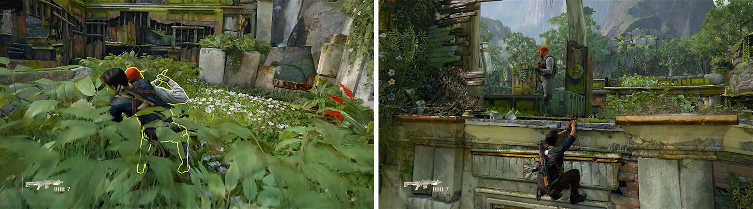 Hide in the plants to kill the first enemy (left) and then pull down the second from the ledge above (right).