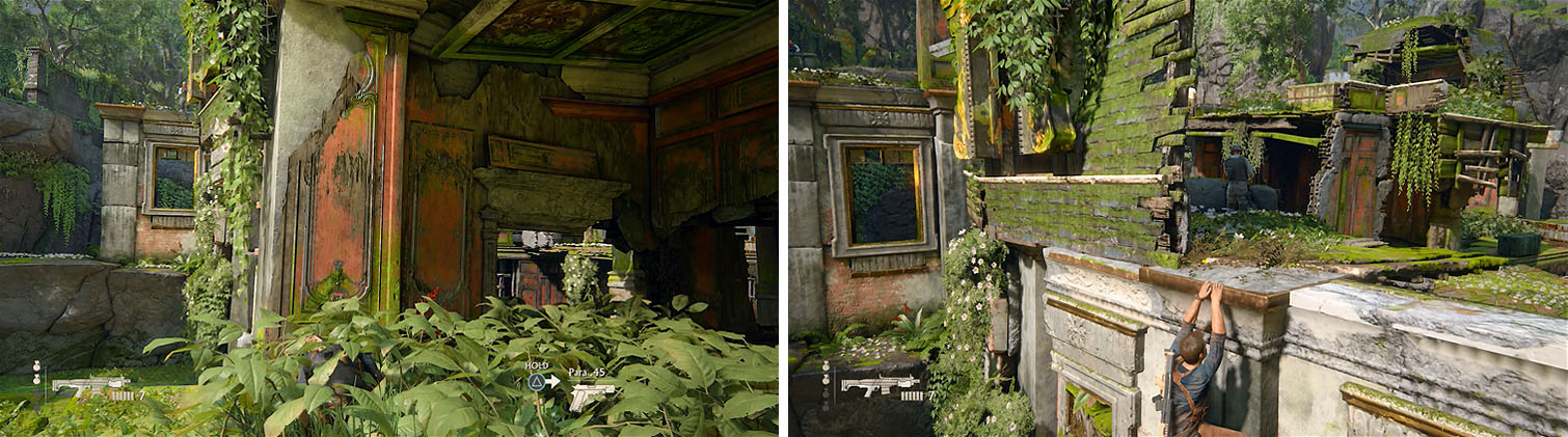 Wait for the enemy in the upper left to move (left) and climb the wall to this ledge where you can’t be seen (right).