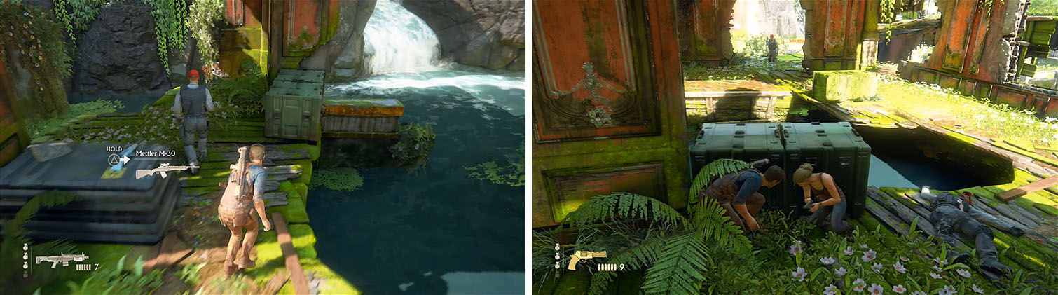 Drop down and kill the enemy when no one is looking (left), especially the patrol near the hole in the next building over (right).