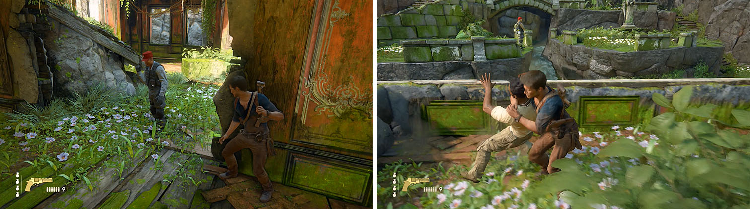 Stealth kill the enemy you avoided earlier (left) and then climb up the platform, where you can kill another enemy from the plant (right).