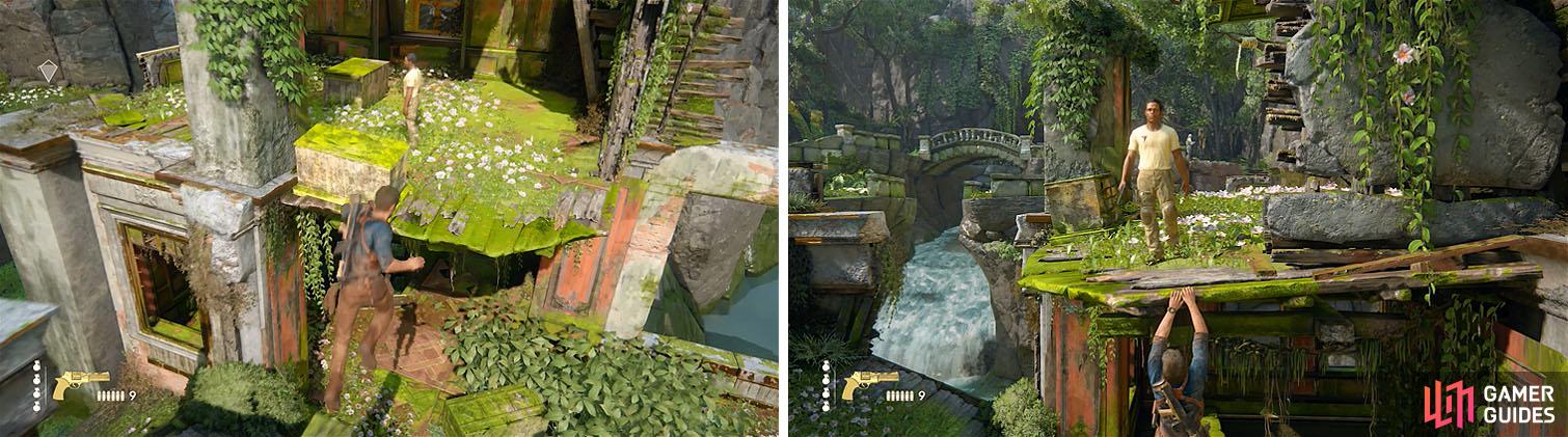 Jump toward the platform with the enemy (left) and hang from the ledge to avoid detection (right).
