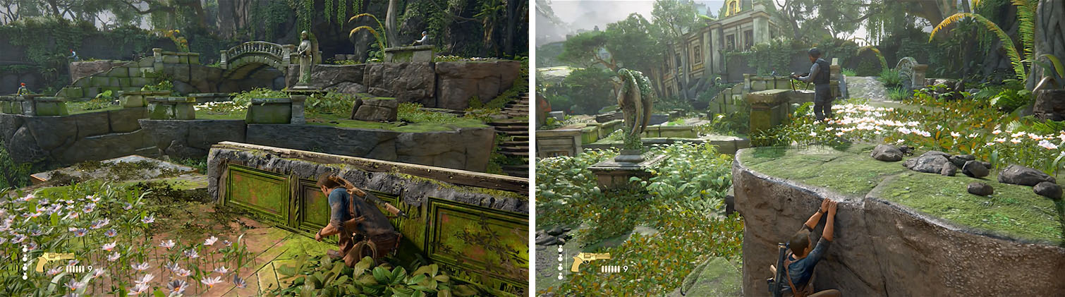 When both enemies are facing away you can hop over the wall (left). Then make your way to the ledge below the enemy in the back (right).