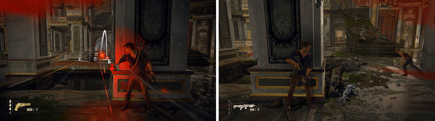 Toss grenades at the enemy with the DShK (left) and then head up the ramp on the right to find better cover (right).