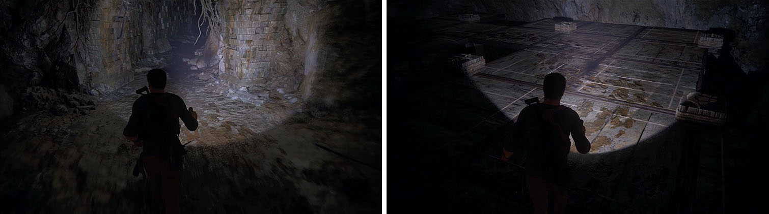 Follow the Shoreline footprints through the tunnels and across the first puzzle.