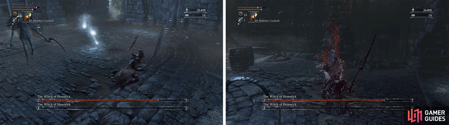 Avoid the paralysis spell by rolling to the side (left) or you’ll find your eyes being gouged out and the doppelganger witch revived (right).