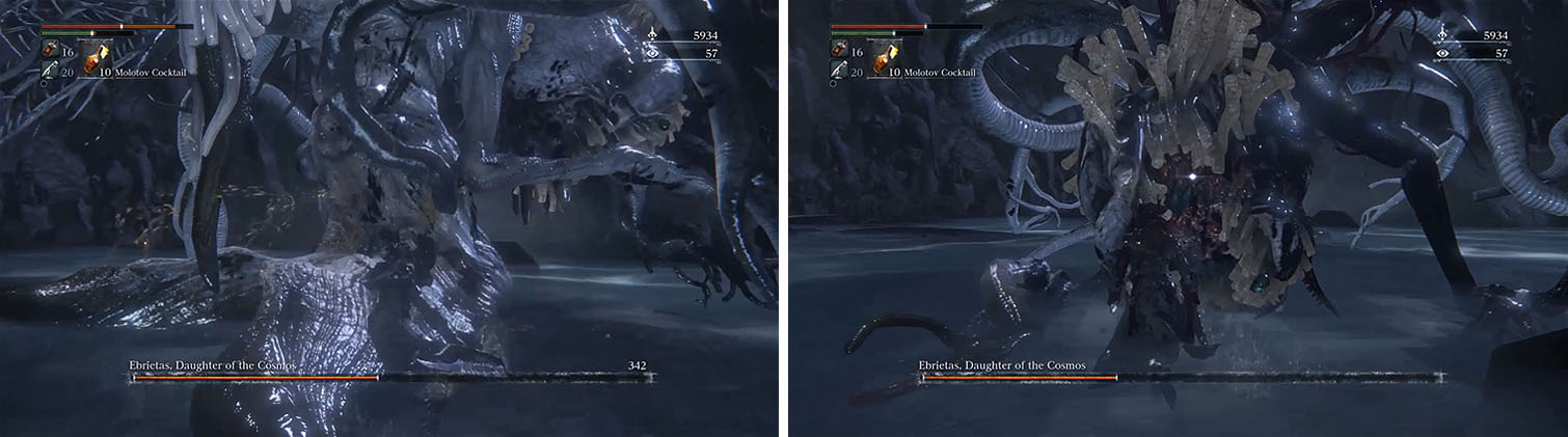 Stick to Ebrietas’ sides, avoiding her attacks, and luring her to use her Head Smash (left). Keep this up until you do enough damage to perform a visceral attack (right).