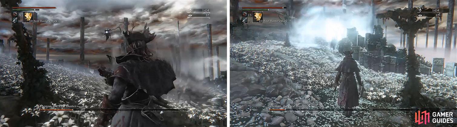 Avoid Gehrman’s Air Blade attack, only used when in scythe mode (left). You’ll also want to avoid his Moonlight Wave charged attack, striking only when it is over (right).
