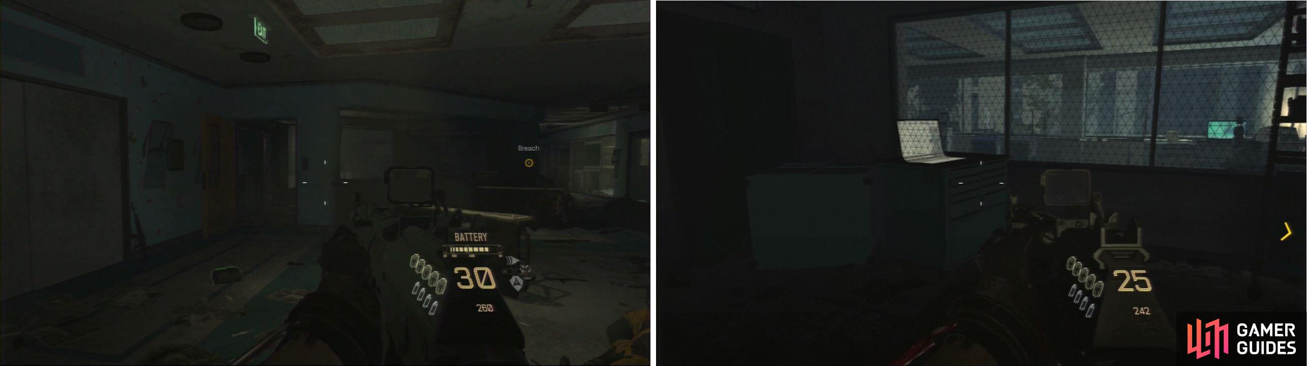 Before breaching the door to your target, search the rooms on the left to find the Intel.