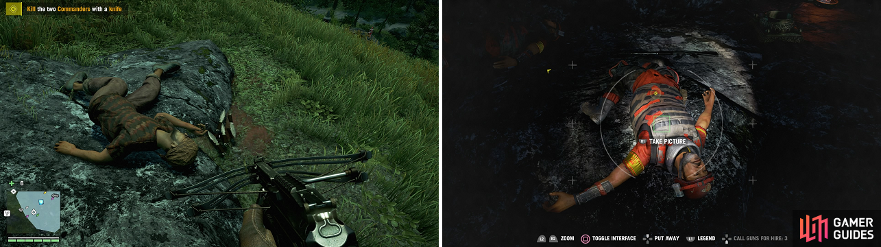 You will need to visit a spot where you can get a weapon of the type you need to use (left). Don’t forget you need to take a picture of each commander (right).