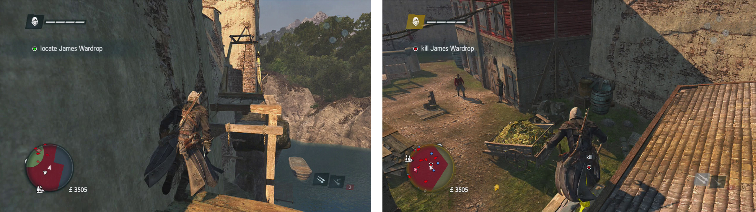 Enter the fort via the south wall of the fort (left), identify the target and use either the sniper tower or awning (right) to air assassinate him.