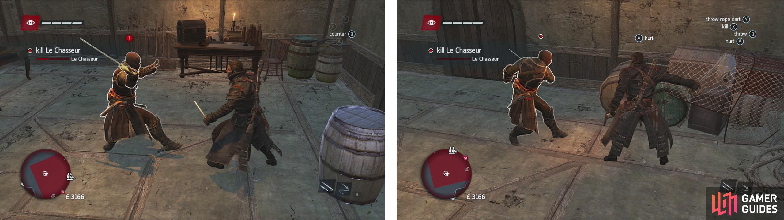 Counter the target in front of barrels in the room (left). When the ‘Hurt’ pop-up appears, hit the button prompt to damage him (right).