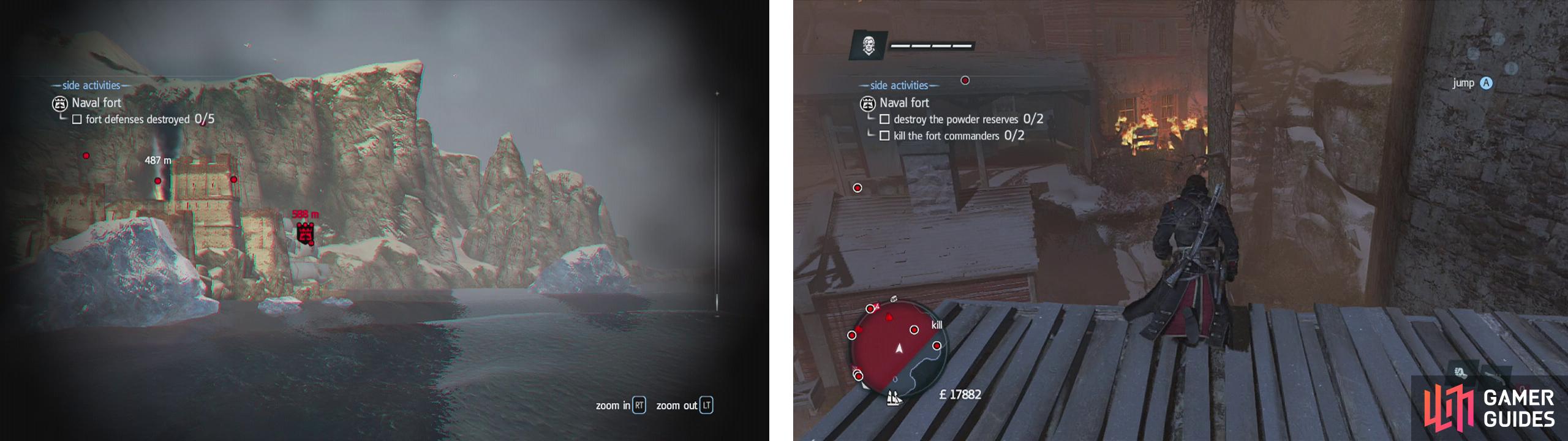 Forts are found along the game’s coastlines (left). Destroying their defences allows you to enter on foot and complete objectives to take it over (right).