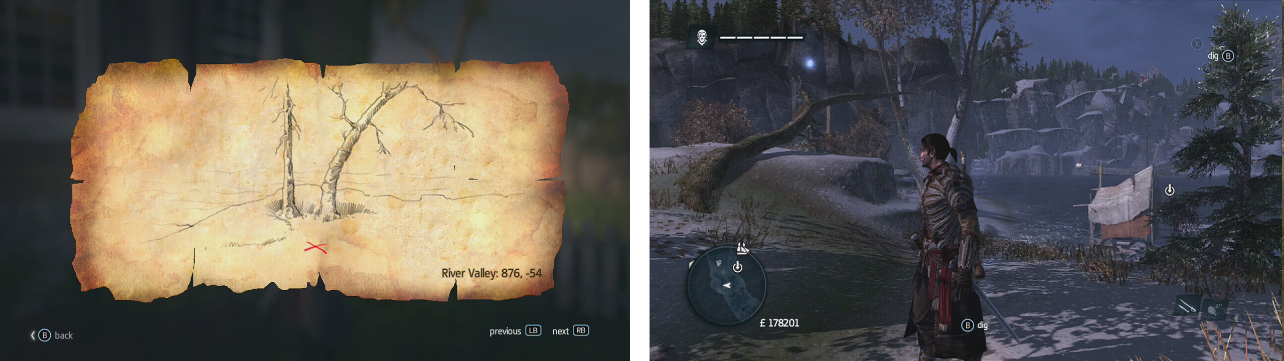 Go to the co-ordinates on the map (left) and find the location drawn (right) to find a dig spot.