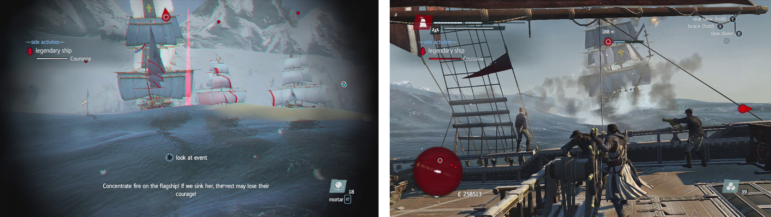 Use mortars to damage multiple ships when the second wave arrives (left). Whilst fighting the Couronne, use mortars (right) and try to be mindful of the wind and icebergs.