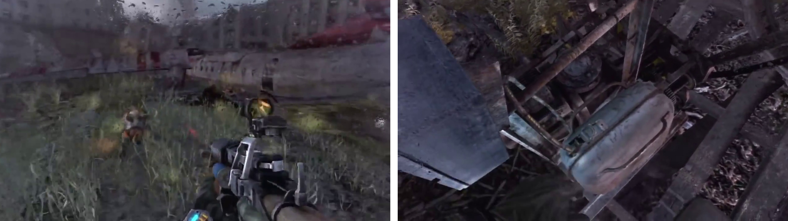 Make your way over to the crashed plane (left) and interact with the fuel canisters inside (right).