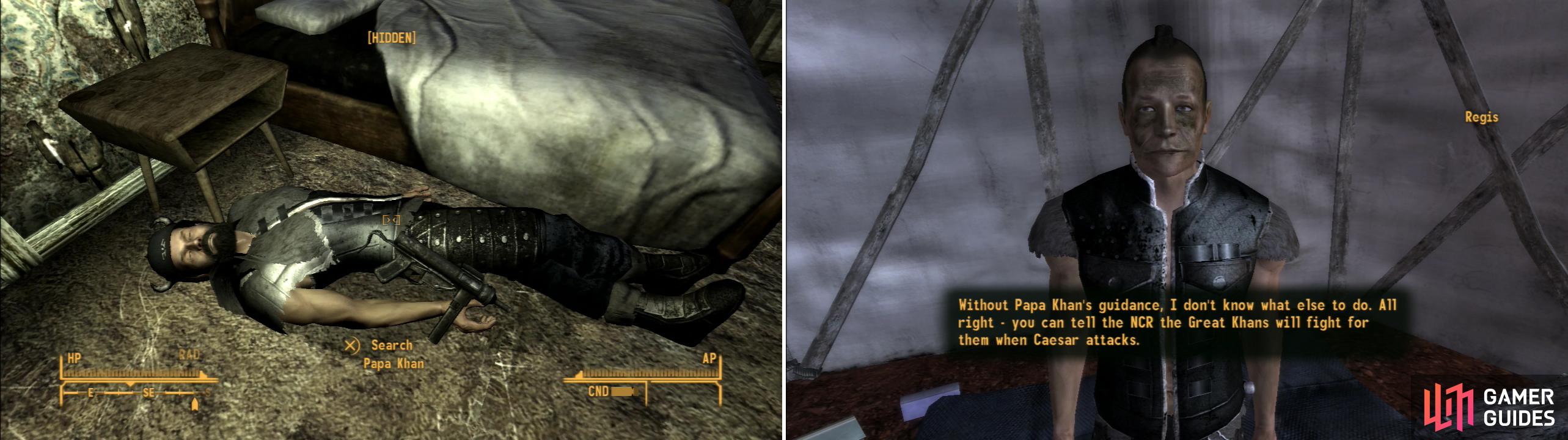Assassinate Papa Khan at night in his room without being detected (left) and Regis, the new leader of the Khans, will side with the NCR (right).